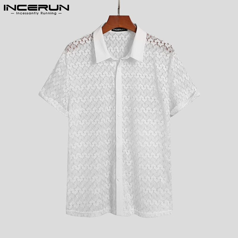 Mens Mesh Lace Lapel Short Sleeve See Through Casual Shirt