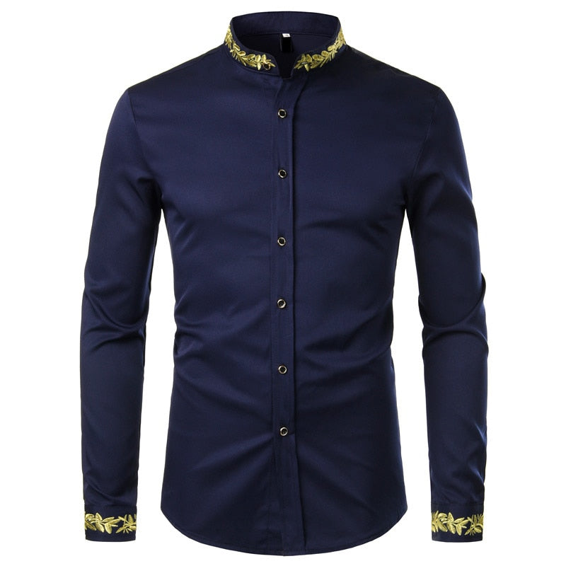 Mens Gold Embroidery Stand Collar Casual Slim Long Sleeve Shirt