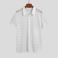 Mens Mesh Lace Lapel Short Sleeve See Through Casual Shirt