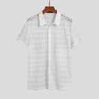 Mens Mesh Lace Lapel Short Sleeve See Through Casual Shirt
