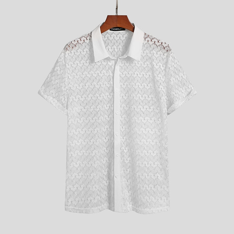 Mens Mesh Lace Lapel Short Sleeve See Through Casual Shirt