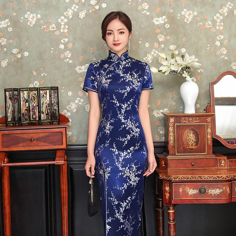 Womens Elegant Brocade Long Satin Chinese Classic Short Sleeve Sexy Evening Dress