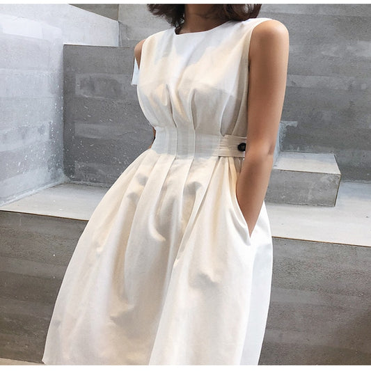 Womens Solid Colour Elegant Casual O Neck Sleeveless Tank Sundress