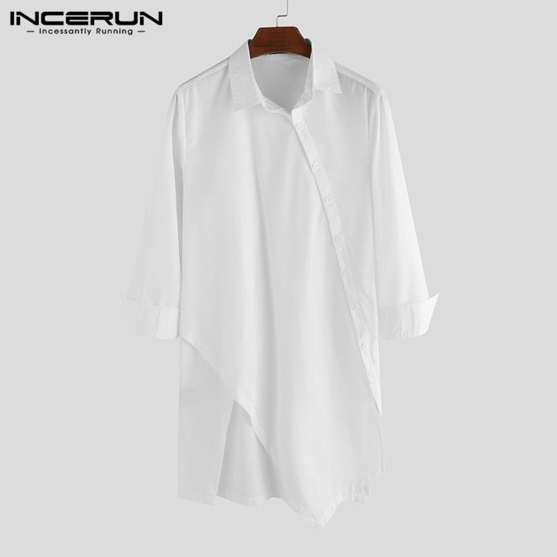 Mens Irregular Lapel Button Long Sleeve Chic Solid Color Fashion Dress Shirt