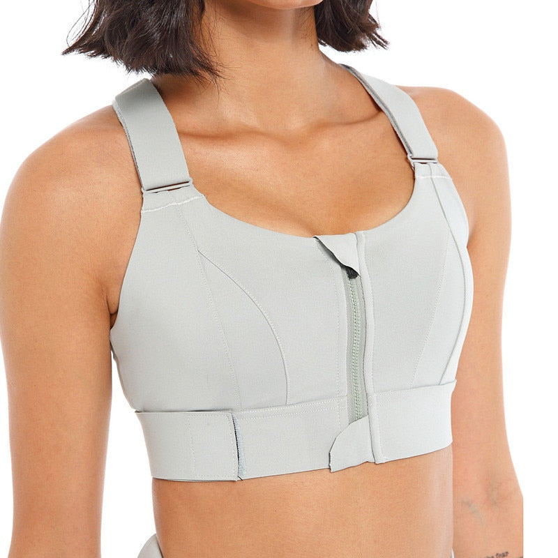 Womens Front Zipper Adjustable Strap Shockproof Gym Fitness Athletic Brassiere / Crop Top / Yoga Vest