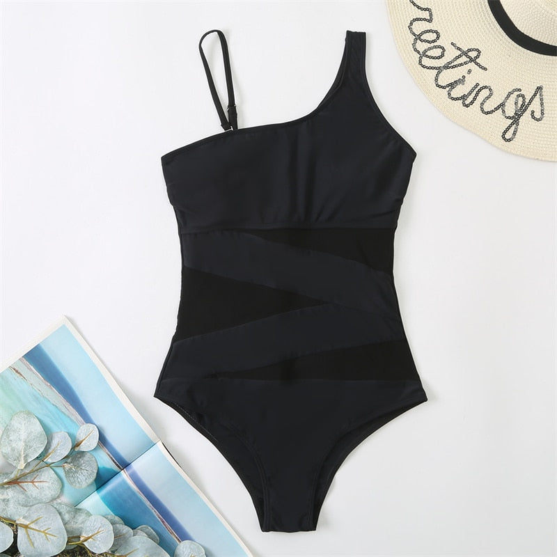 Womens One Piece Sexy Mesh Solid Monokini Swimsuit