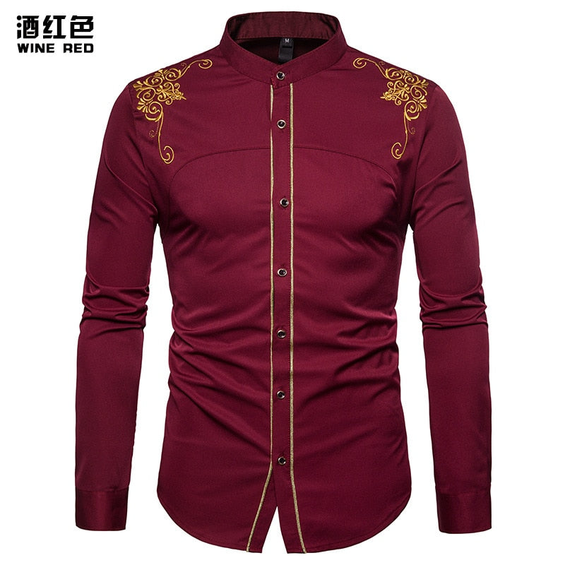 Mens Gold Embroidery Stand Collar Casual Slim Long Sleeve Shirt