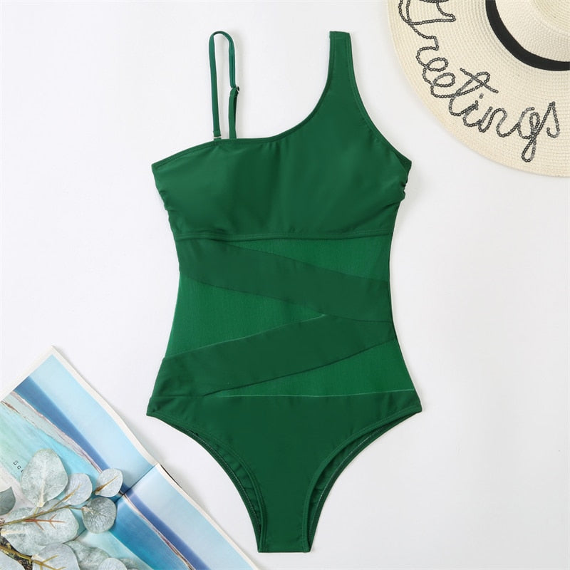 Womens One Piece Sexy Mesh Solid Monokini Swimsuit