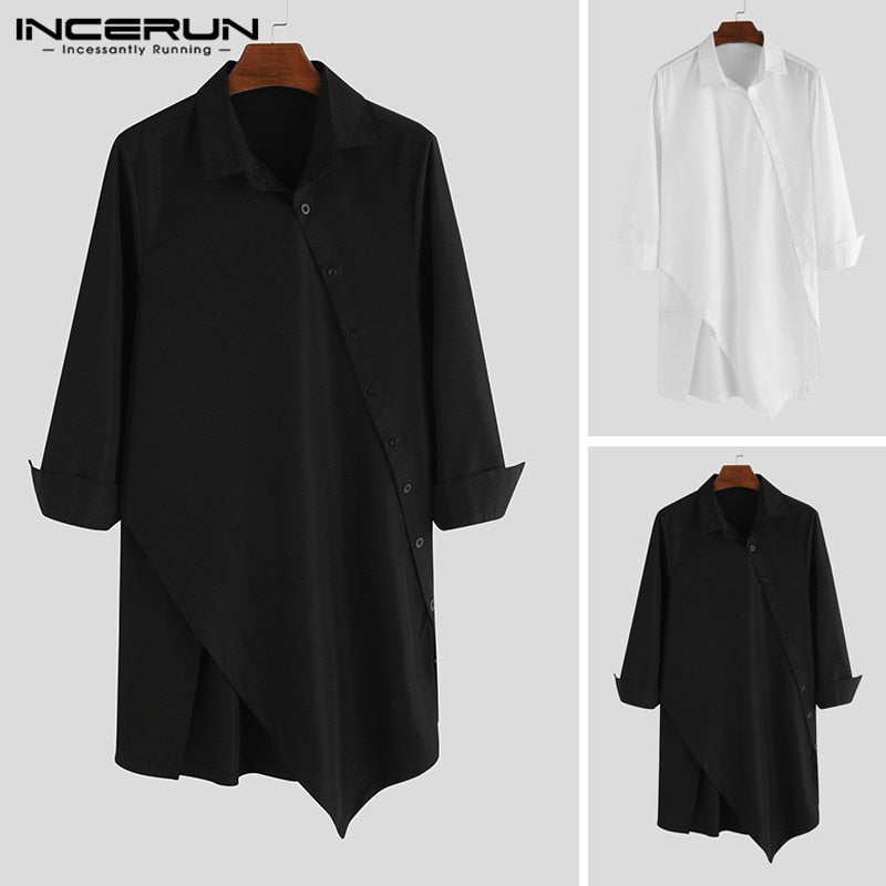 Mens Irregular Lapel Button Long Sleeve Chic Solid Color Fashion Dress Shirt