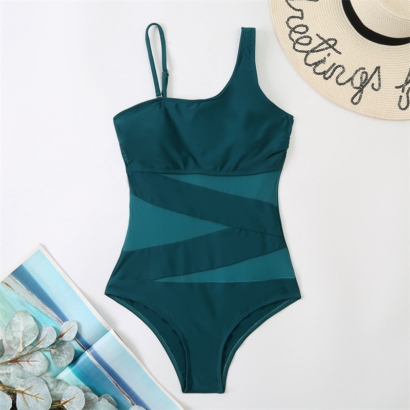 Womens One Piece Sexy Mesh Solid Monokini Swimsuit