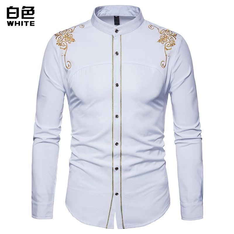 Mens Gold Embroidery Stand Collar Casual Slim Long Sleeve Shirt