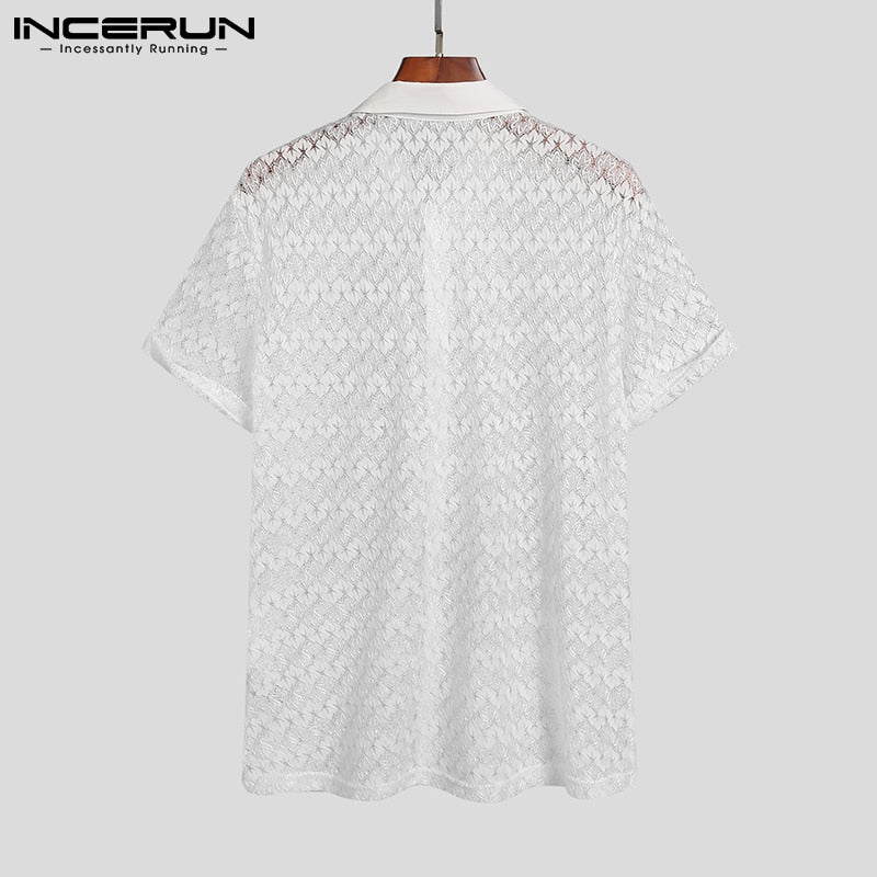 Mens Mesh Lace Lapel Short Sleeve See Through Casual Shirt