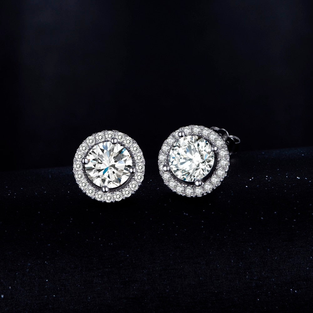 Womens Stud Sterling Silver Zircon White Crystal Earrings