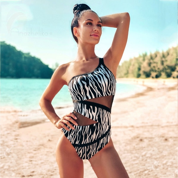 Womens Sexy One Shoulder One Piece Mesh Patchwork Monokini Swimsuit