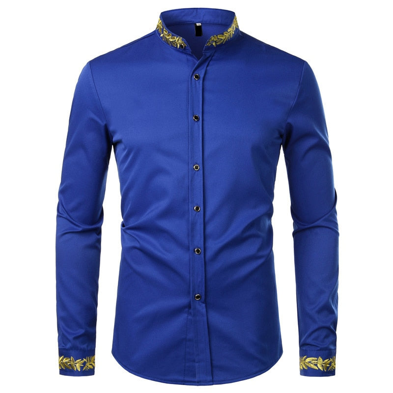 Mens Gold Embroidery Stand Collar Casual Slim Long Sleeve Shirt