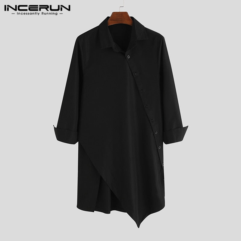 Mens Irregular Lapel Button Long Sleeve Chic Solid Color Fashion Dress Shirt