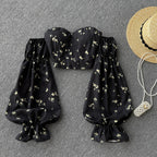 Womens Strapless Floral Elastic Ruched Slim Long Sleeve Off Shoulder Top