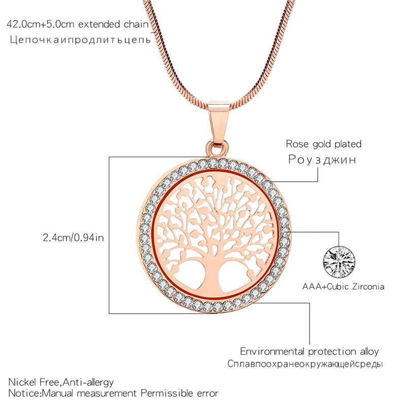 Womens Elegant Small Tree of Life Crystal Pendant Necklace