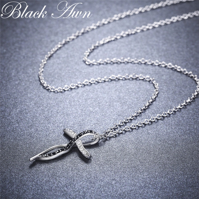 Womens Black Classic Silver Color Cross Necklace