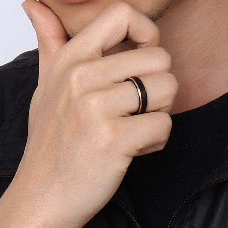 Mens Black Tungsten 5MM Thin Gold Color Ring