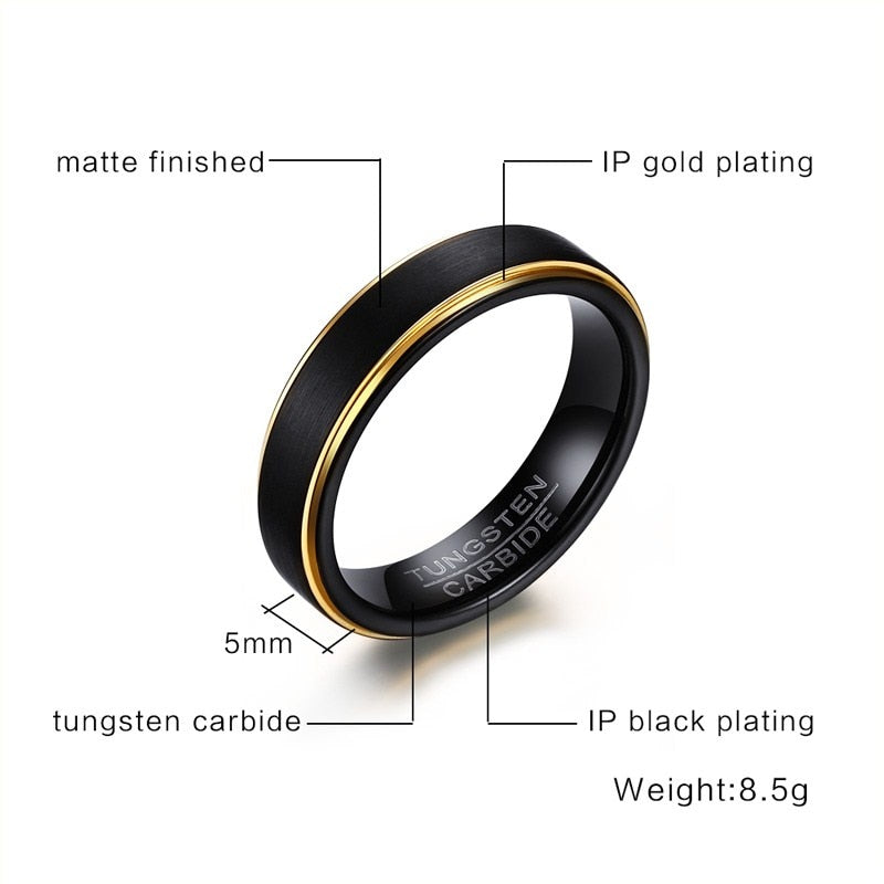 Mens Black Tungsten 5MM Thin Gold Color Ring