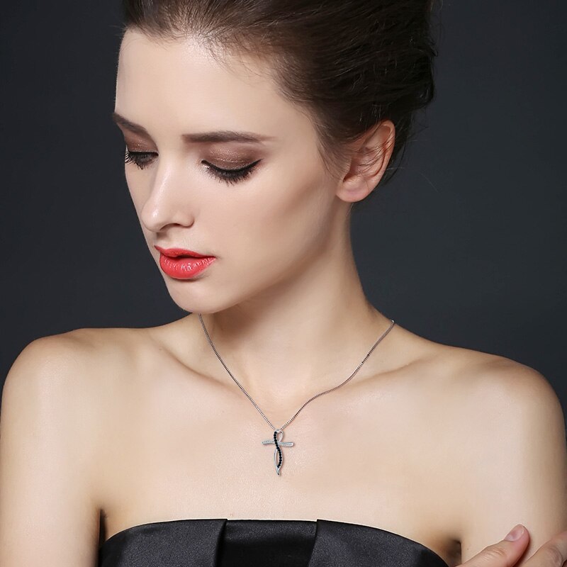 Womens Black Classic Silver Color Cross Necklace