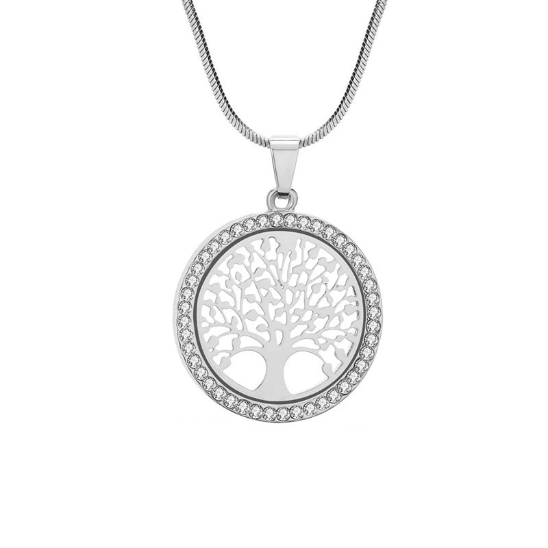 Womens Elegant Small Tree of Life Crystal Pendant Necklace