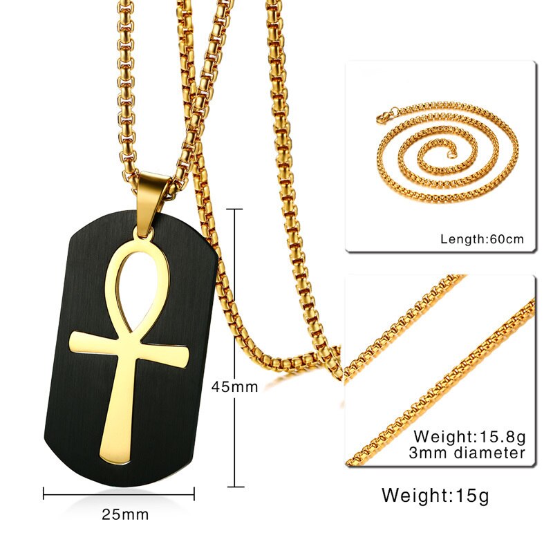 Mens Removable Ankh Cross Gold Tone Stainless Steel Cut Out Pendant Box Chain