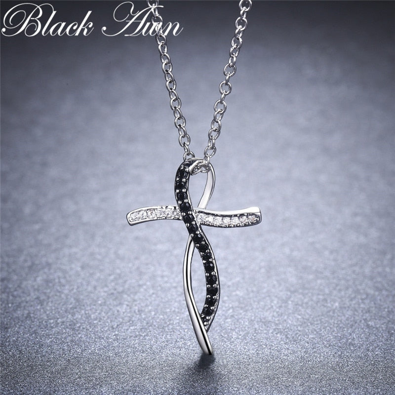 Womens Black Classic Silver Color Cross Necklace