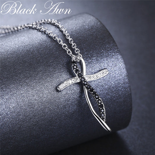 Womens Black Classic Silver Color Cross Necklace