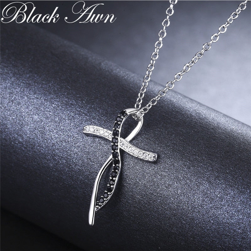 Womens Black Classic Silver Color Cross Necklace