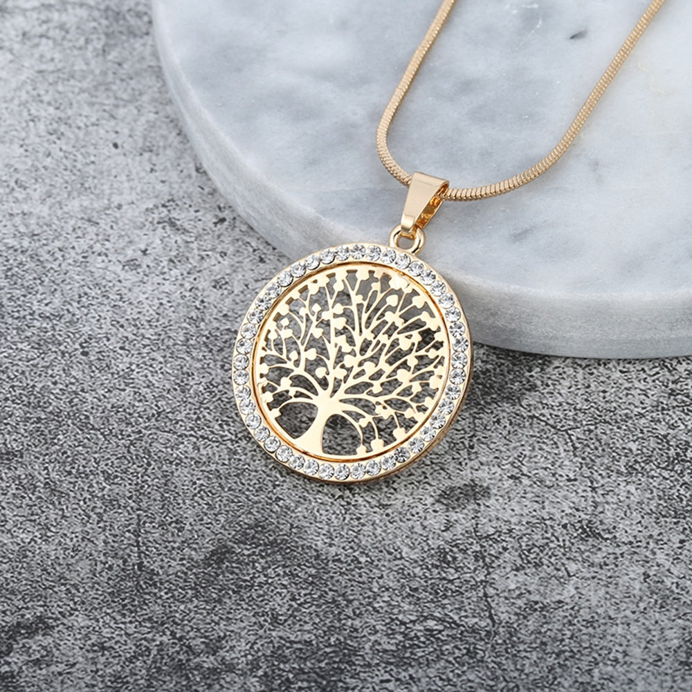 Womens Elegant Small Tree of Life Crystal Pendant Necklace