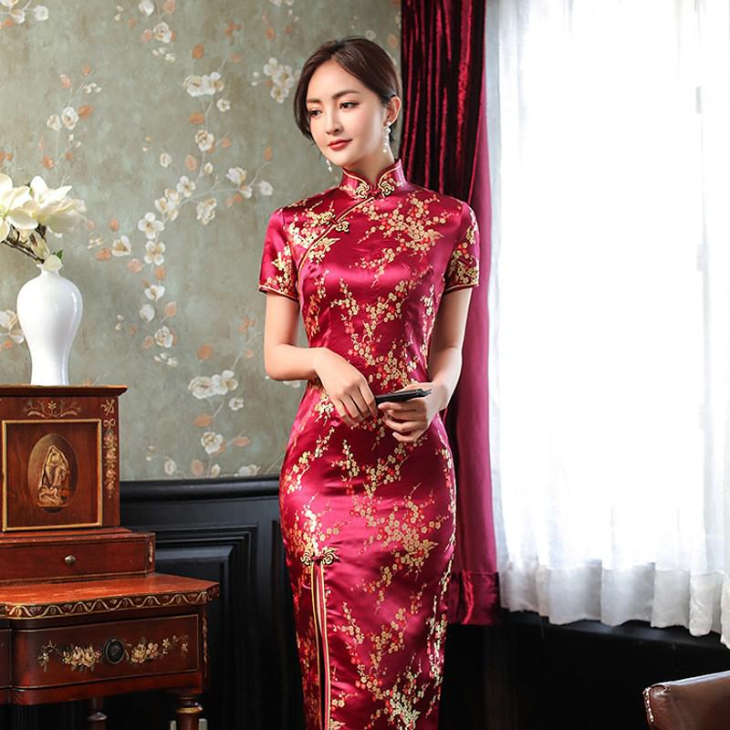 Womens Elegant Brocade Long Satin Chinese Classic Short Sleeve Sexy Evening Dress