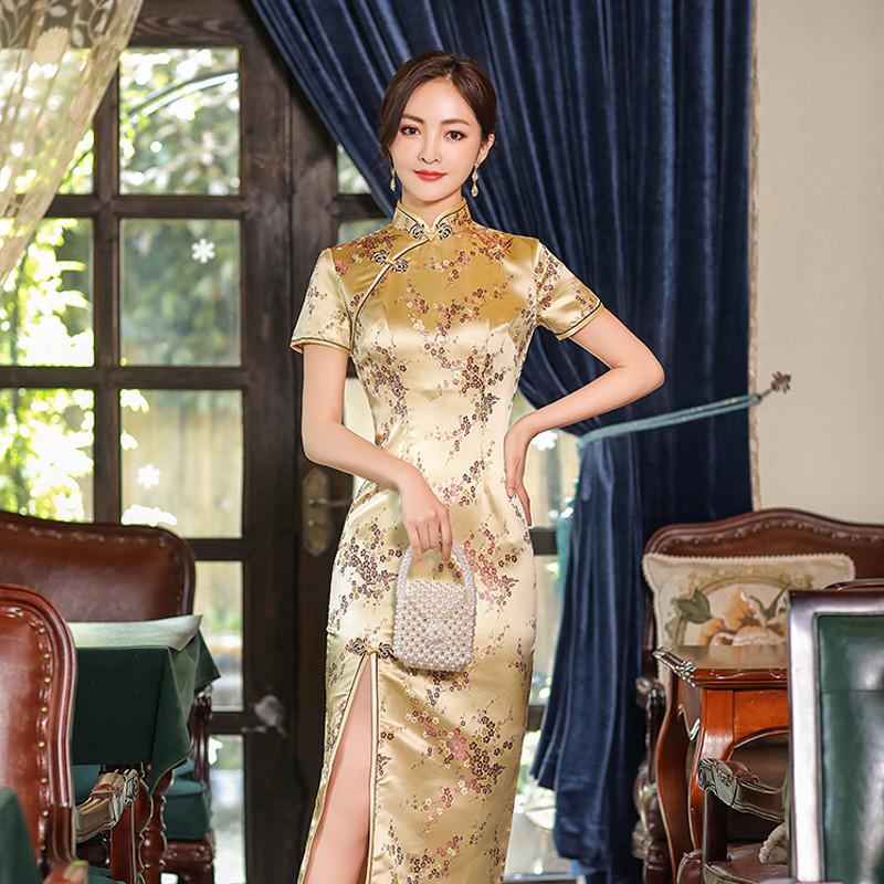 Womens Elegant Brocade Long Satin Chinese Classic Short Sleeve Sexy Evening Dress