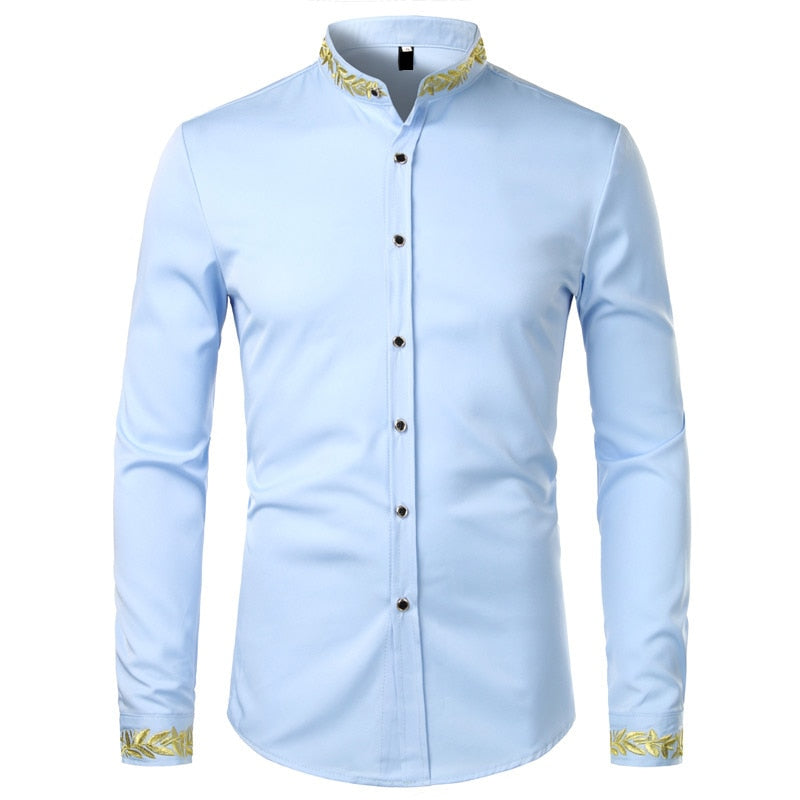 Mens Gold Embroidery Stand Collar Casual Slim Long Sleeve Shirt