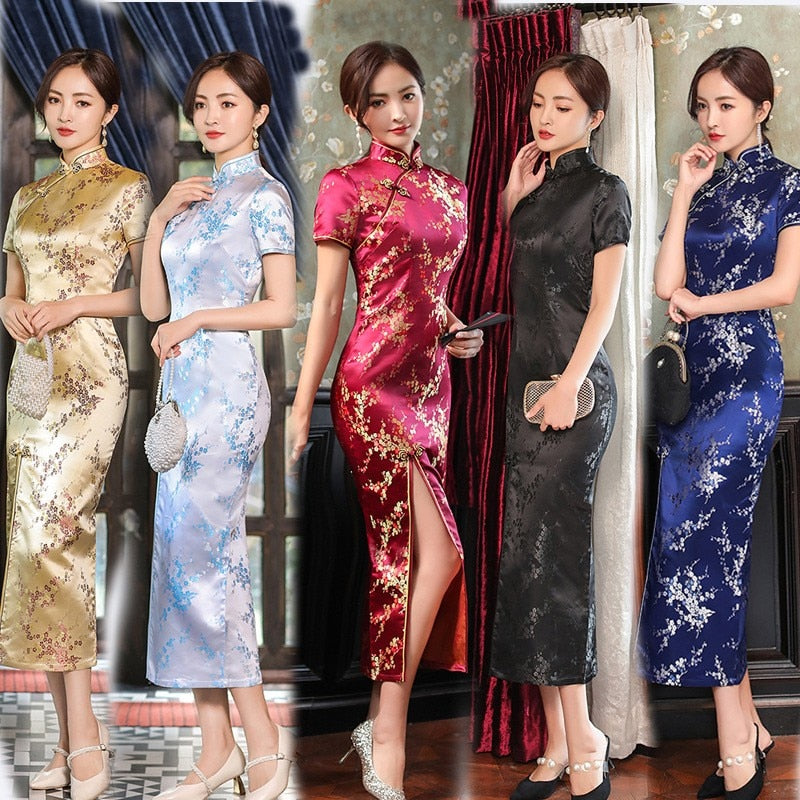 Womens Elegant Brocade Long Satin Chinese Classic Short Sleeve Sexy Evening Dress