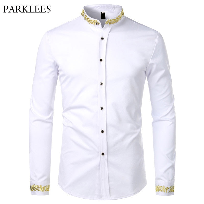 Mens Gold Embroidery Stand Collar Casual Slim Long Sleeve Shirt