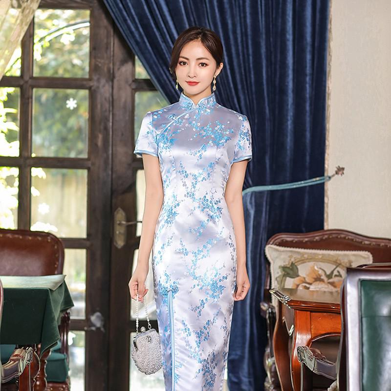 Womens Elegant Brocade Long Satin Chinese Classic Short Sleeve Sexy Evening Dress