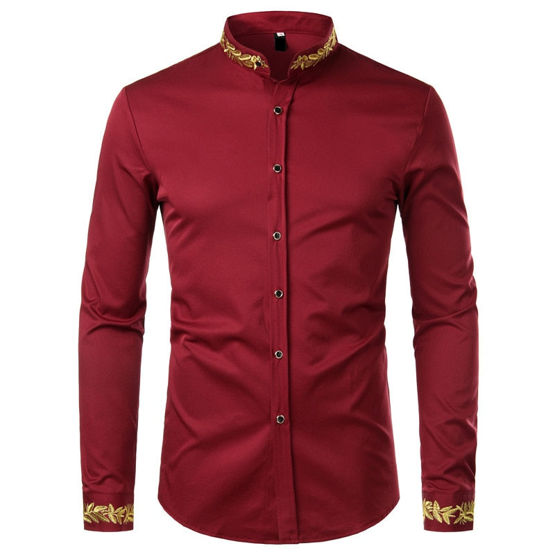 Mens Gold Embroidery Stand Collar Casual Slim Long Sleeve Shirt