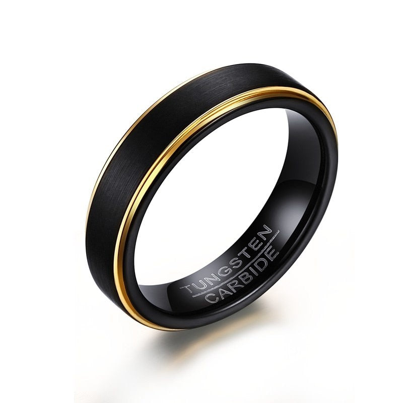 Mens Black Tungsten 5MM Thin Gold Color Ring