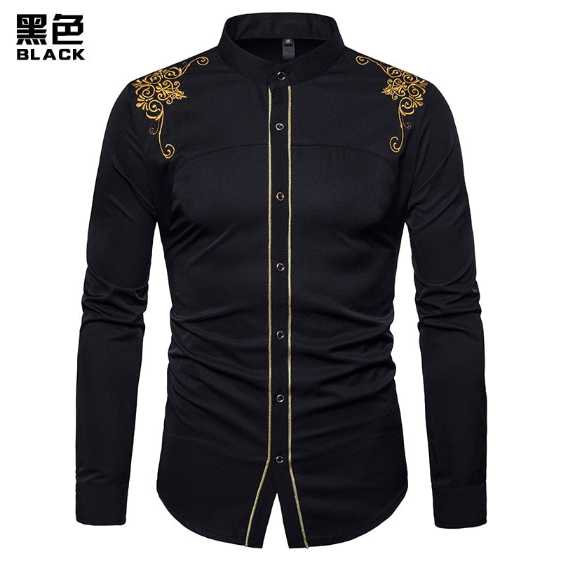 Mens Gold Embroidery Stand Collar Casual Slim Long Sleeve Shirt