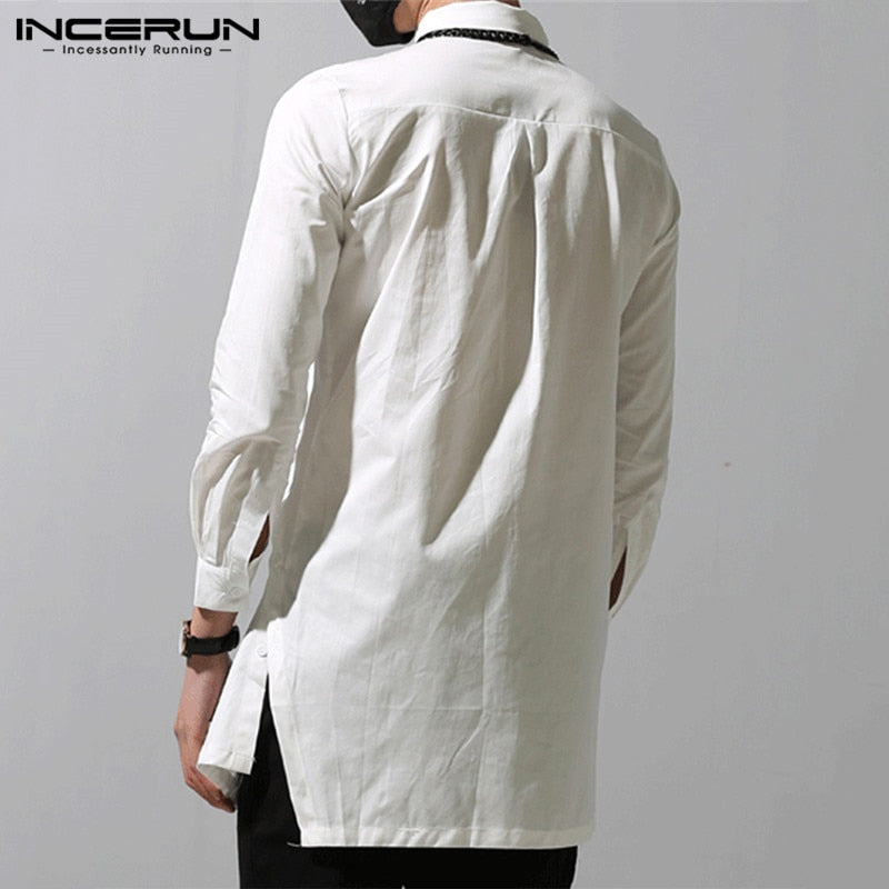 Mens Irregular Lapel Button Long Sleeve Chic Solid Color Fashion Dress Shirt