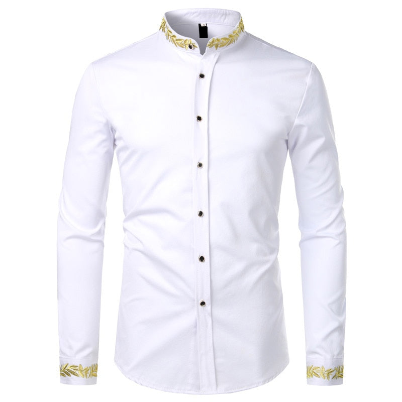 Mens Gold Embroidery Stand Collar Casual Slim Long Sleeve Shirt