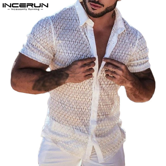 Mens Mesh Lace Lapel Short Sleeve See Through Casual Shirt