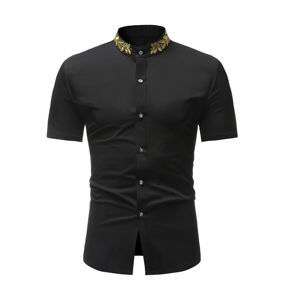 Mens Gold Embroidery Stand Collar Casual Slim Long Sleeve Shirt