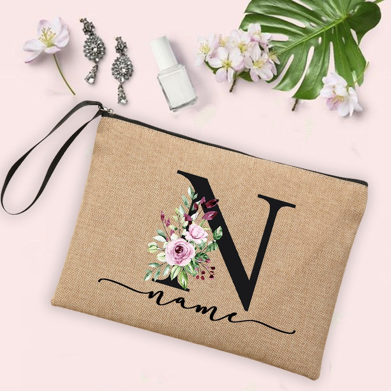 Womens Flower Initial Letter Custom Name Cosmetic Zipper Pouch Travel Toiletry  Bag