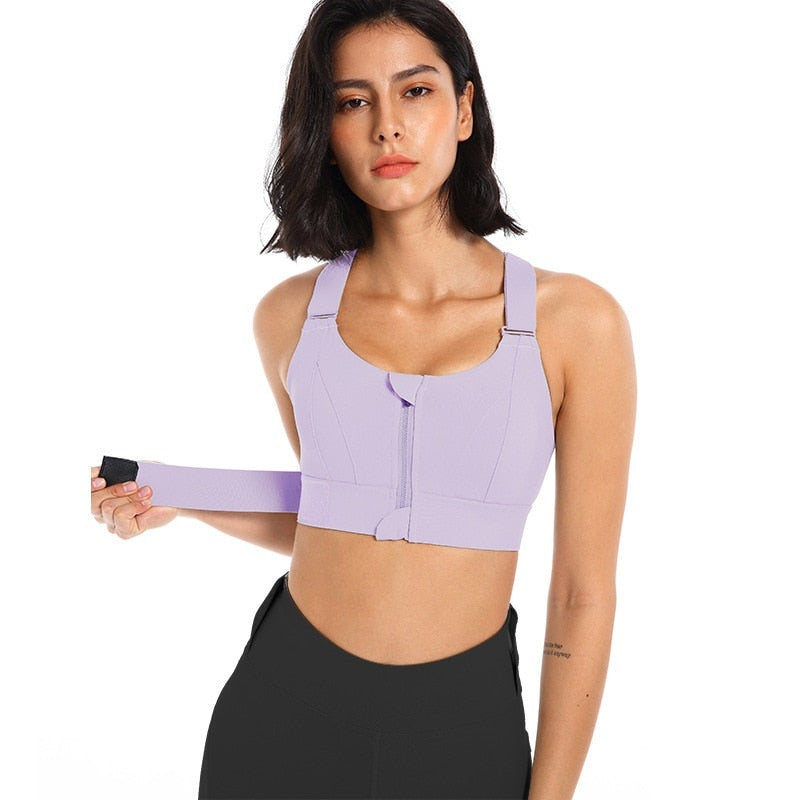 Womens Front Zipper Adjustable Strap Shockproof Gym Fitness Athletic Brassiere / Crop Top / Yoga Vest