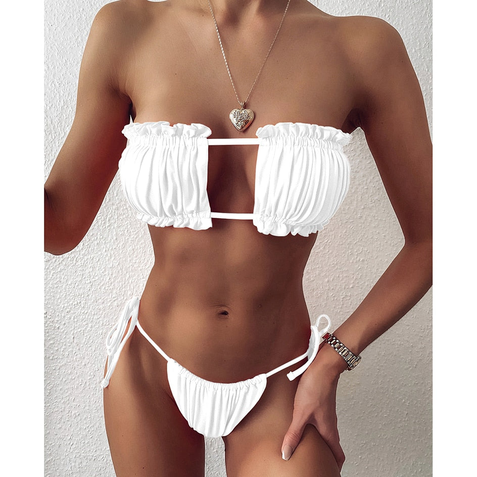 Womens Sexy Pleated Bandeau Mini Thong Bikini Set