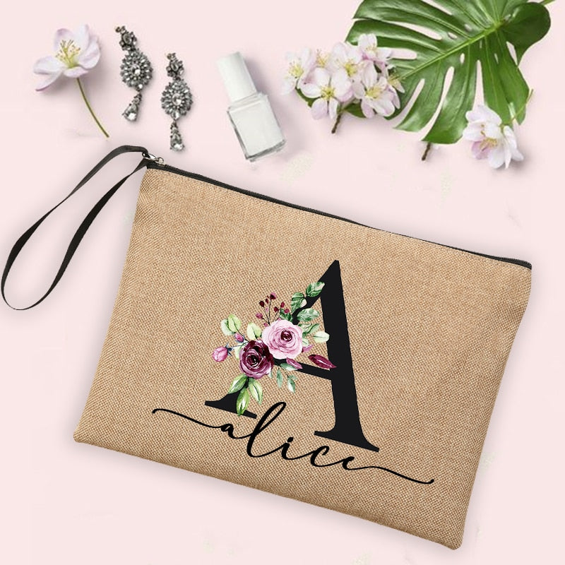 Womens Flower Initial Letter Custom Name Cosmetic Zipper Pouch Travel Toiletry  Bag