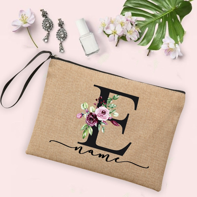 Womens Flower Initial Letter Custom Name Cosmetic Zipper Pouch Travel Toiletry  Bag